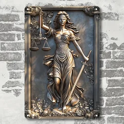 Vintage Justice Goddess Aluminum Wall Hanging Sign, Decorative Scales of Justice Metal Plaque for Bar, Living Room, Home Decor