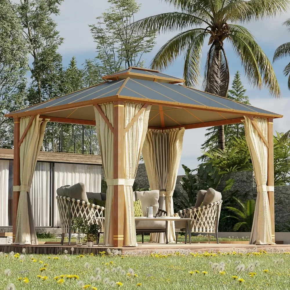 10x12FT Hardtop Patio Gazebo, Wooden Finish Coated Aluminum with Aluminum Composite Double Roof for Lawn and Garden