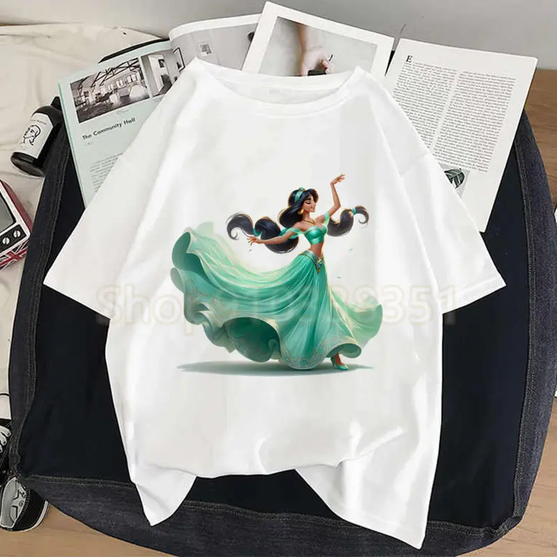 Fashion Women T-shirt Cute Princess Jasmine Dance Cartoon Ariel Aurora Print Casual O-Neck Tshirts Short Sleeve Harajuku Tops