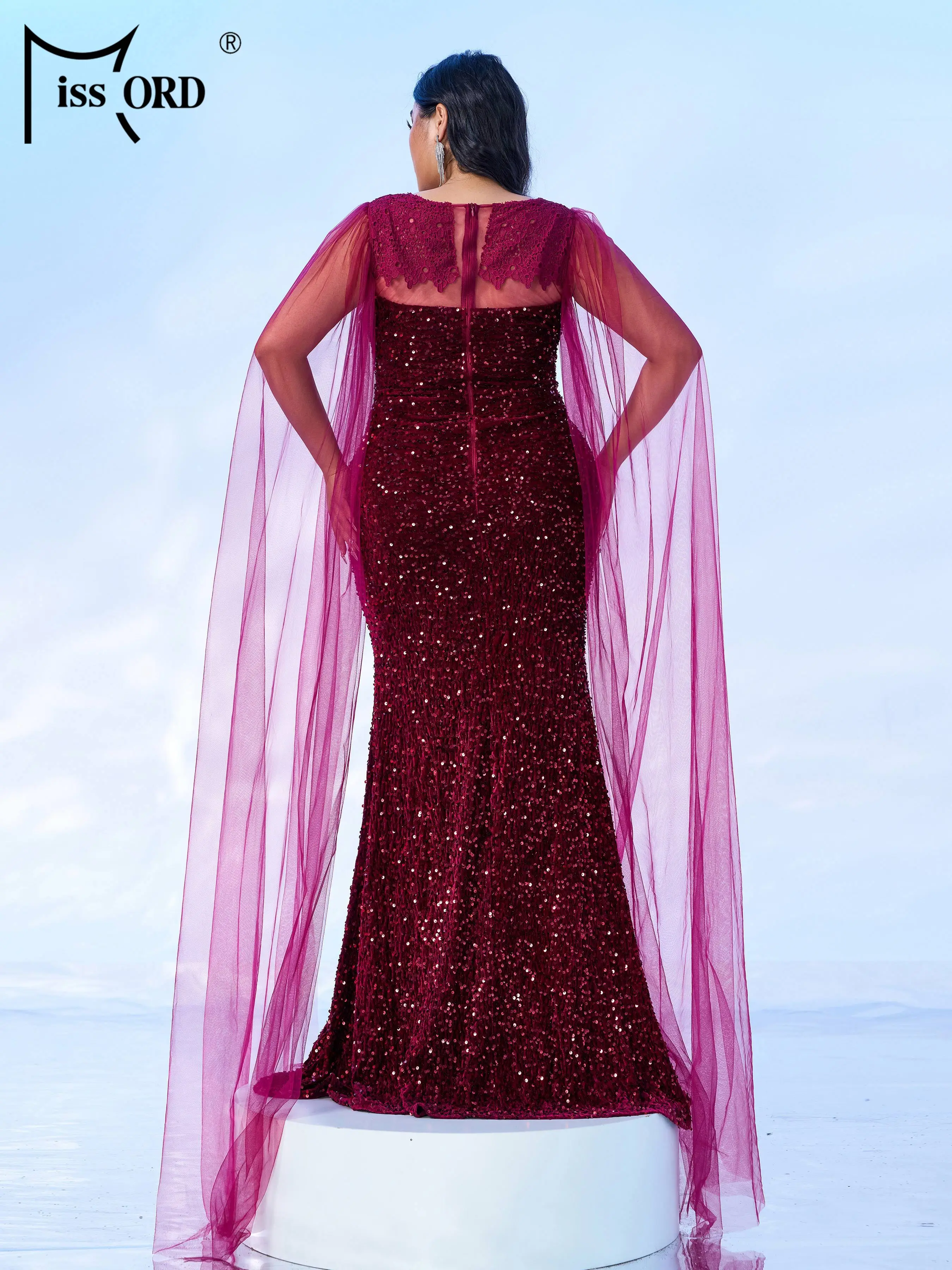 Missord Plus Size New Burgundy Sequin Split Evening Gown Mesh Sleeves Formal Occasion Cocktail Wedding Birthday Party Dresses