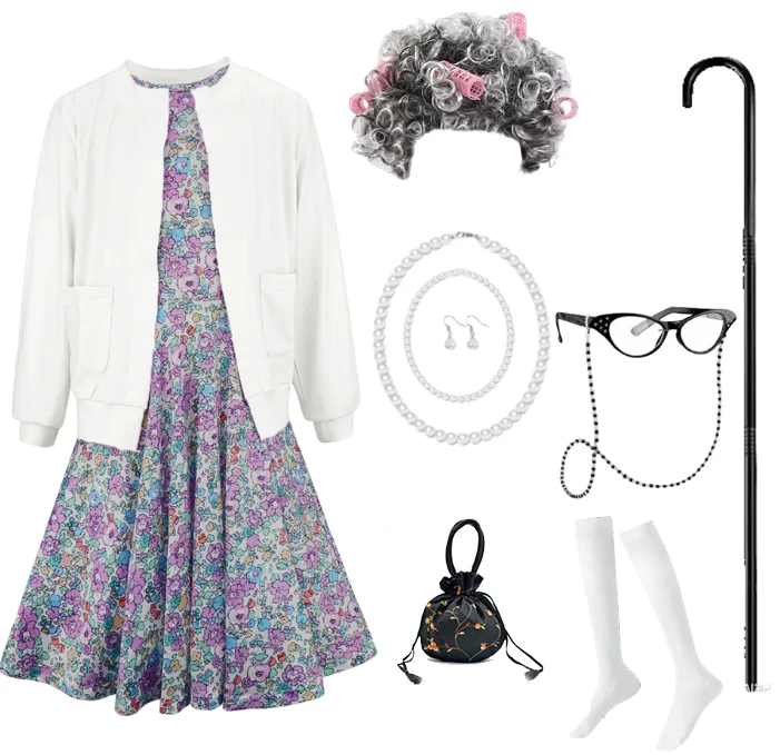 summer girls Girl Floral Old Lady Costume for Girls 100th Day of School Costume Grandma Granny Dress with Wig for Kids