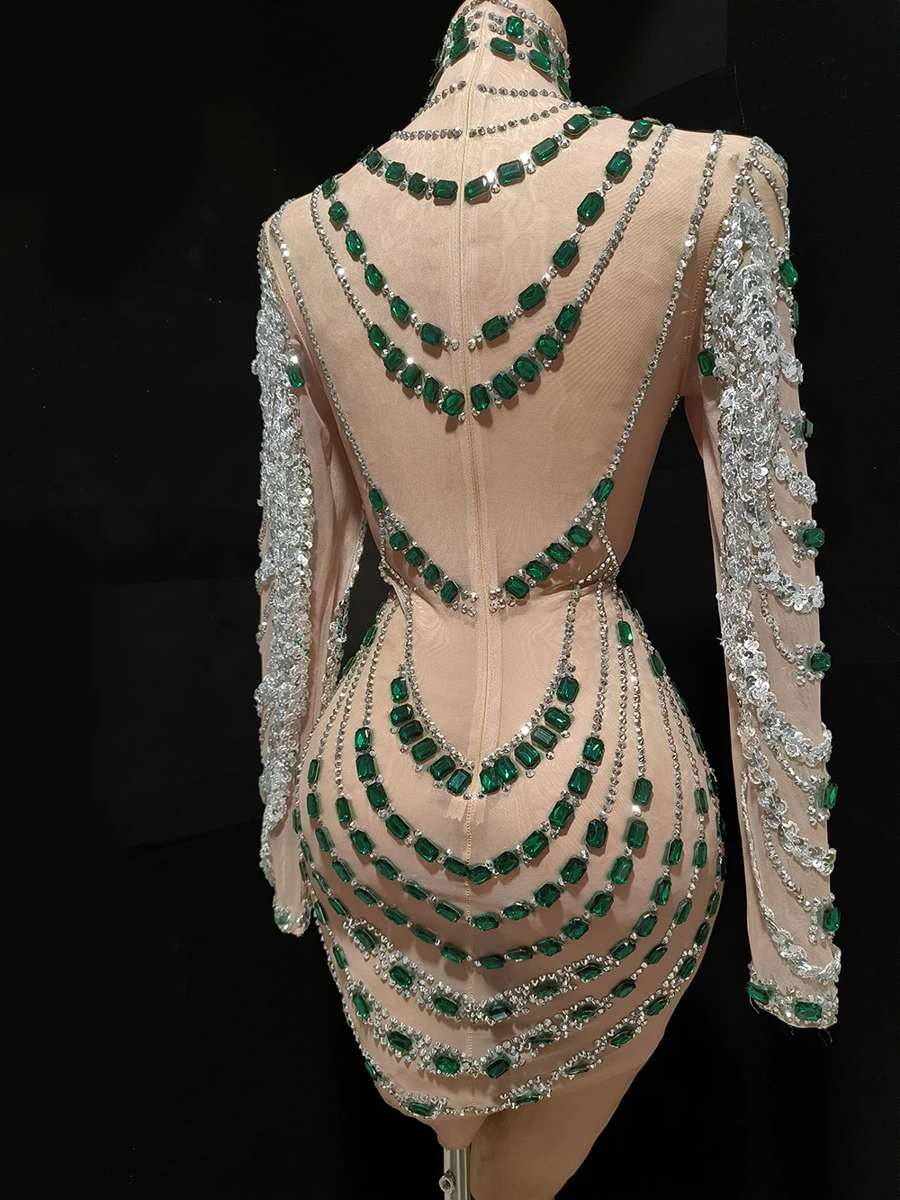 Women Luxury Sparkly Green Crystal Sequines Mesh Transparent Bodycon Mini Dress Special Occassion