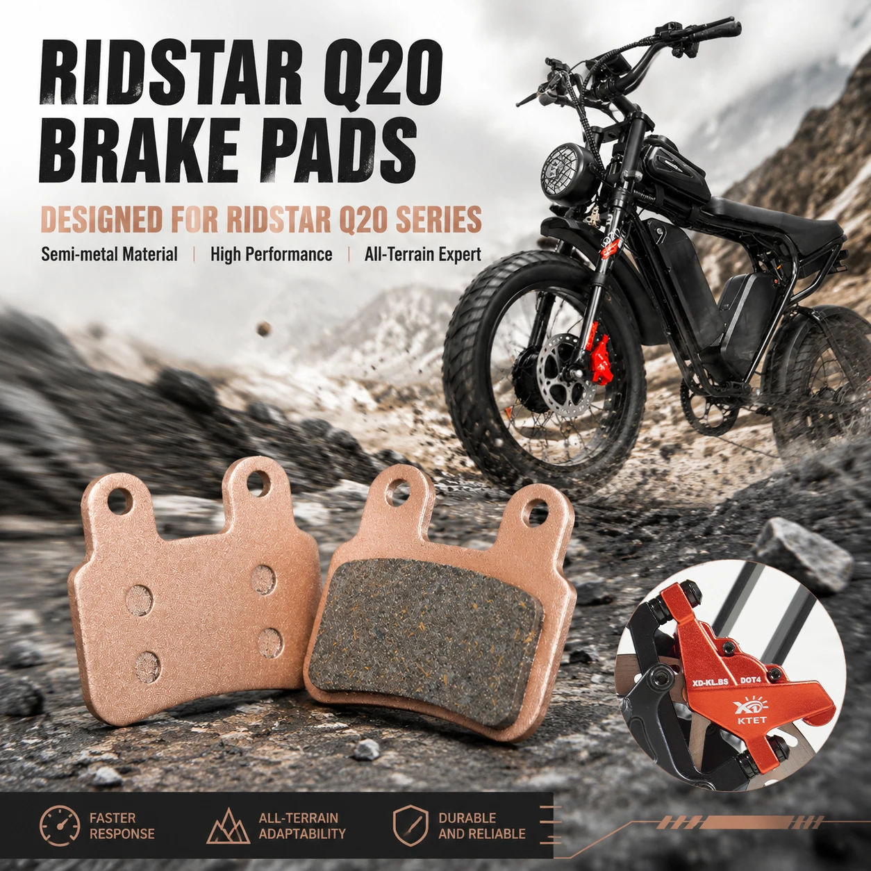 

OEM Number Match: Semi-Metallic Pads for Ridstar Q20 – Direct Replacement for XD-KLBS-DOTS/XOD, Front Rear, E-Bike