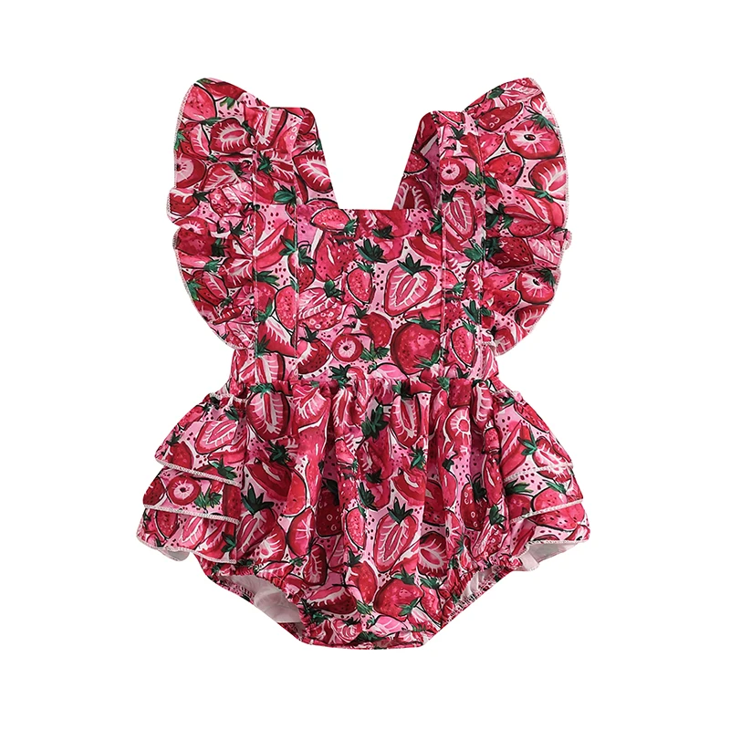 0-24M Newborn Baby Girls Rompers Strawberry/Floral Print Square Neck Fly Sleeve Summer Clothes Jumpsuits Bodysuits