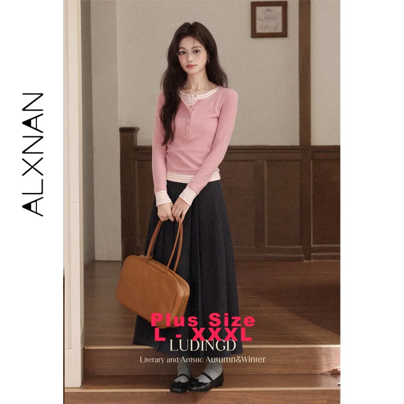 

ALXNAN Plus Size Pleated Skirts High-waisted 3D Bow Loose-fit Mid-length Skirt Casual Simple Travel Casual Fashion Skirts D12629