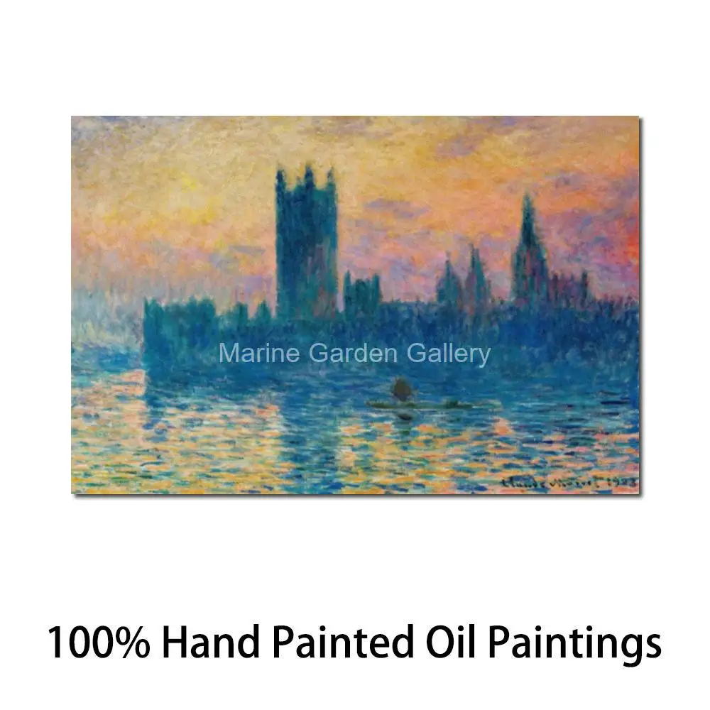 Seascape Canvas Oil Painting Handmade Claude Monet Artwork Houses of Parliament Landscape Art Home Office Decor Textured Large