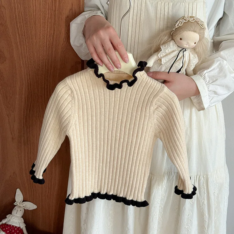 الفتيات سترة طويلة الأكمام الخريف الشتاء جديد نصف الياقة المدورة الدانتيل قاعدة ملابس داخلية البلوز Kawaii ملابس الأطفال