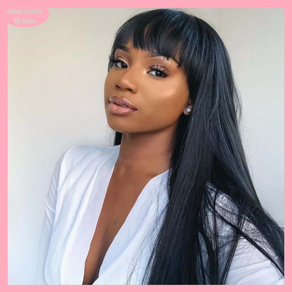 Lafino 30 36inch Wig With Bangs Black Wig Human Hair Without Lace Wig Straight Wig Full Machine Bob Wigs Full Woven With Bangs