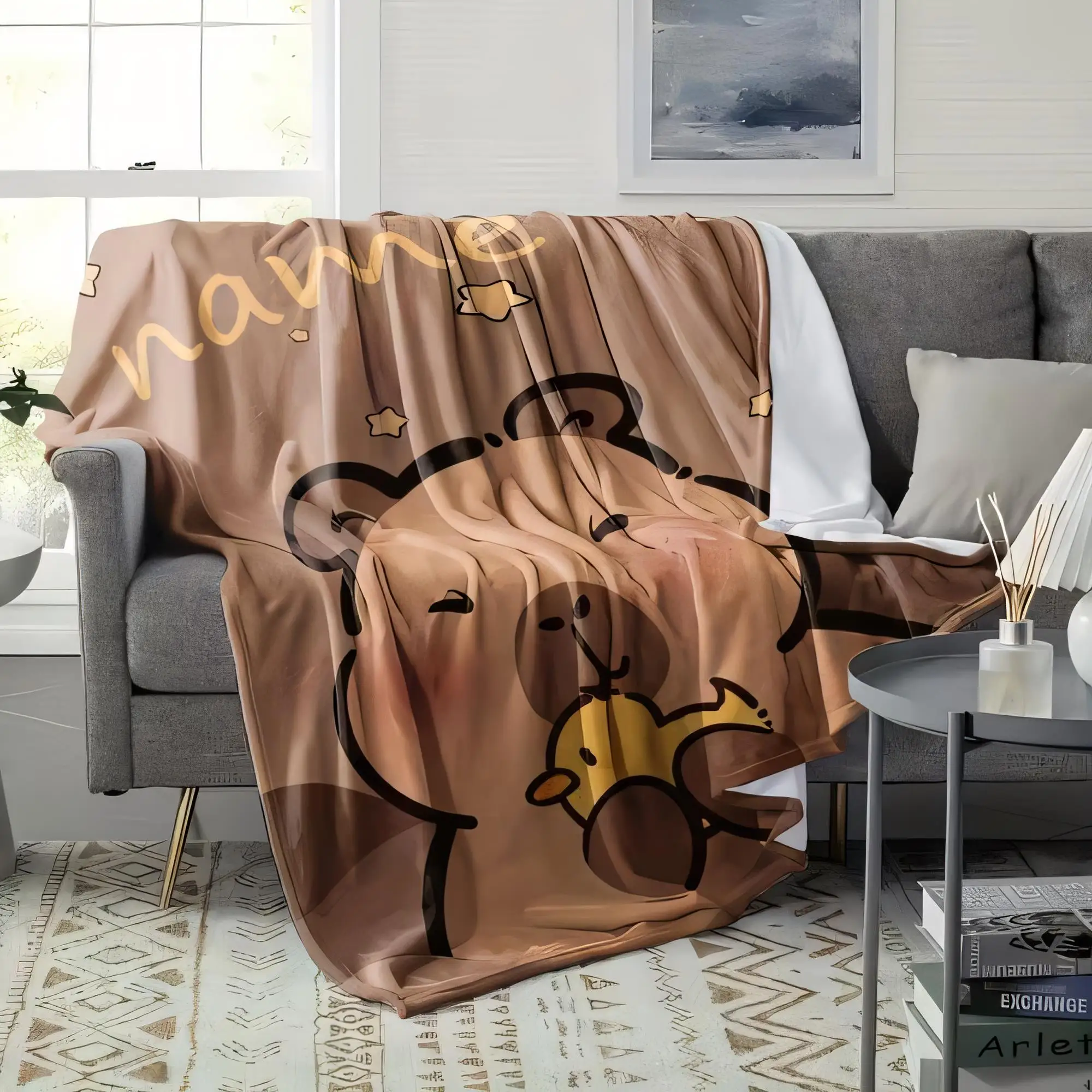 Niedliche Bären- und Küken-Überwurfdecke für Couch, weiches Plüsch-Beige-Kissen, gemütliche Heimdekoration, stilvoller geometrischer Teppich, Zubehör, weiße Lam