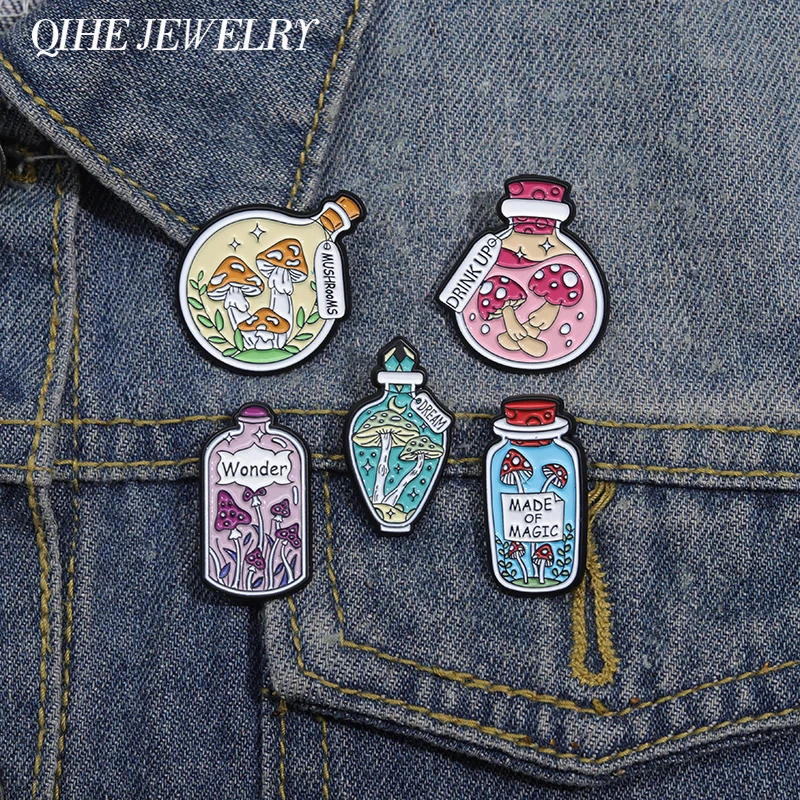 Mushroom Bottle Enamel Pins Custom Creative Wonder Dream Mushroom Brooch Clothes Backpack Lapel Badge Brooches Jewelry Accessory