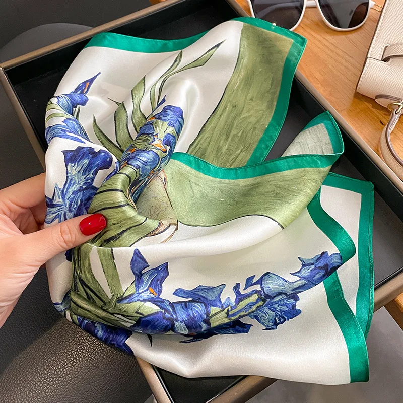 New 100% Mulberry Silk Scarf Women 53x53cm Square Oil Painting Neck Hair Scarf Hijab Bandana Foulard Shawl Wrap for Lady Elegant