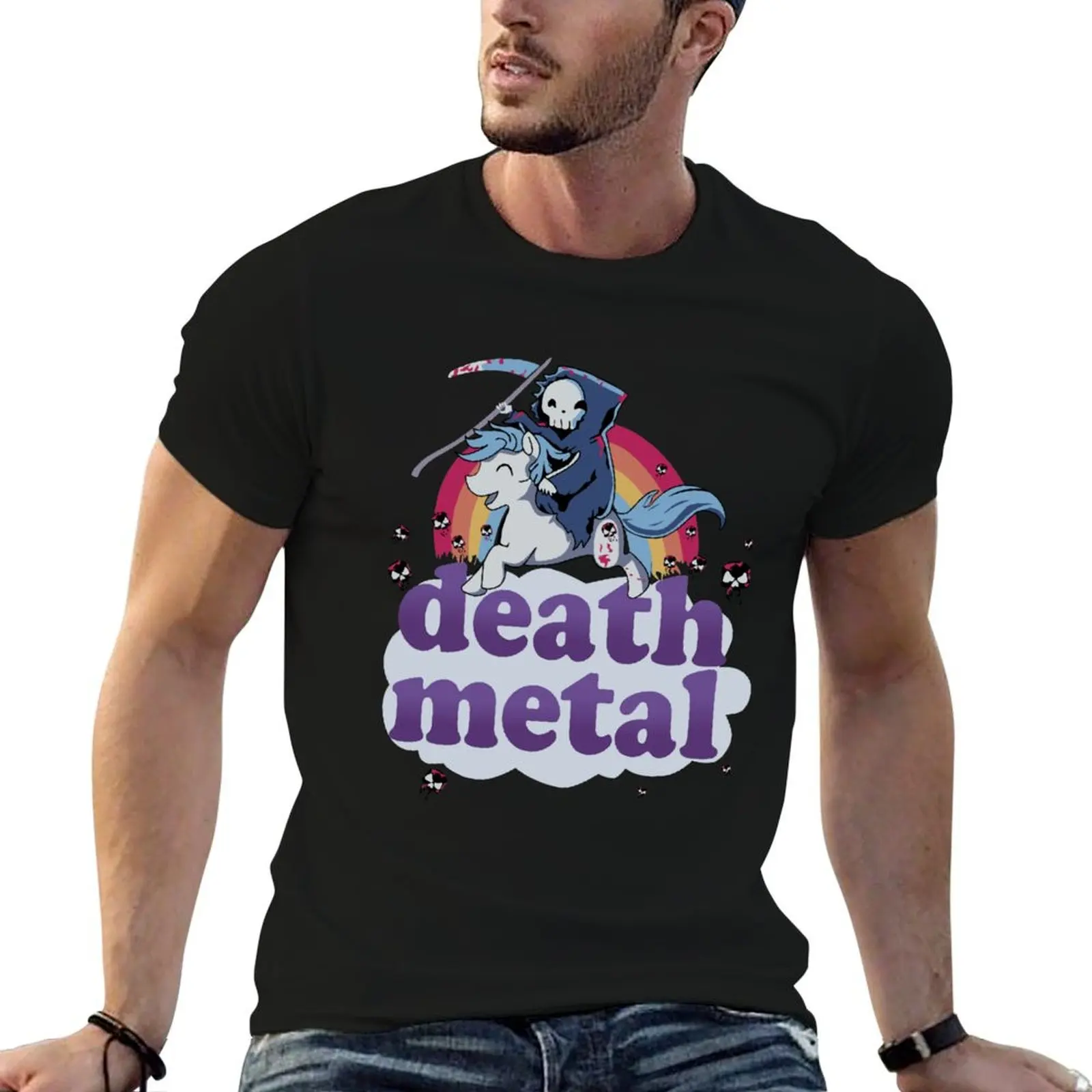 

T-Shirt The Death of in Front a designer Grim Unicorn a - Riding Reaper Metal' Design! t shirts Rainbow