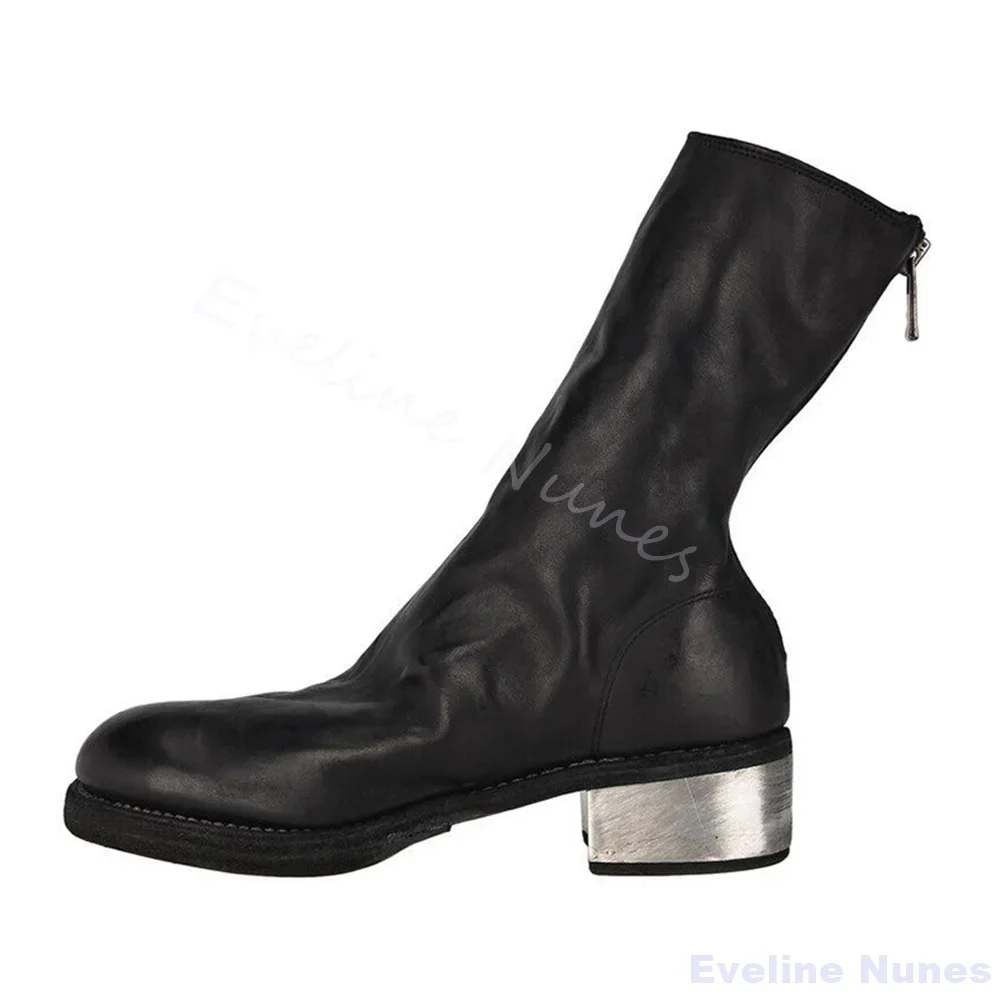 

2025 New Casual Versatile Ankle Boots Women Round Toe Solid Leather Silver Chunky Heel Mid Calf Boots Back Zipper Stretch Boots