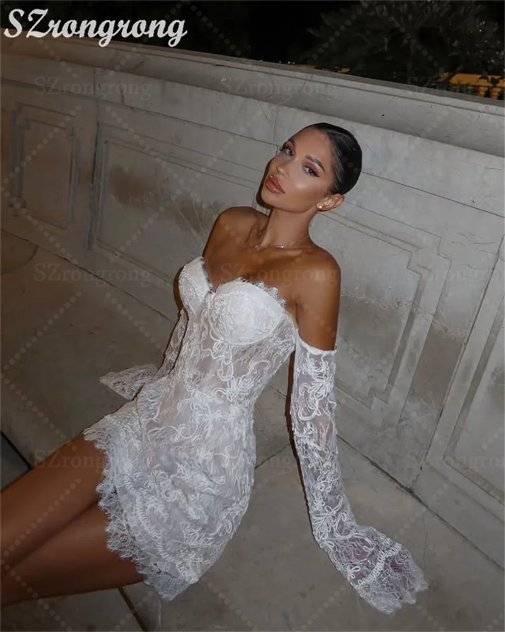 

Elegant Sweetheart Collar Lace Long Sleeve Wedding Dress Sheath Backless Short Mini Modern Bridal Dress Custom Made vestidos de