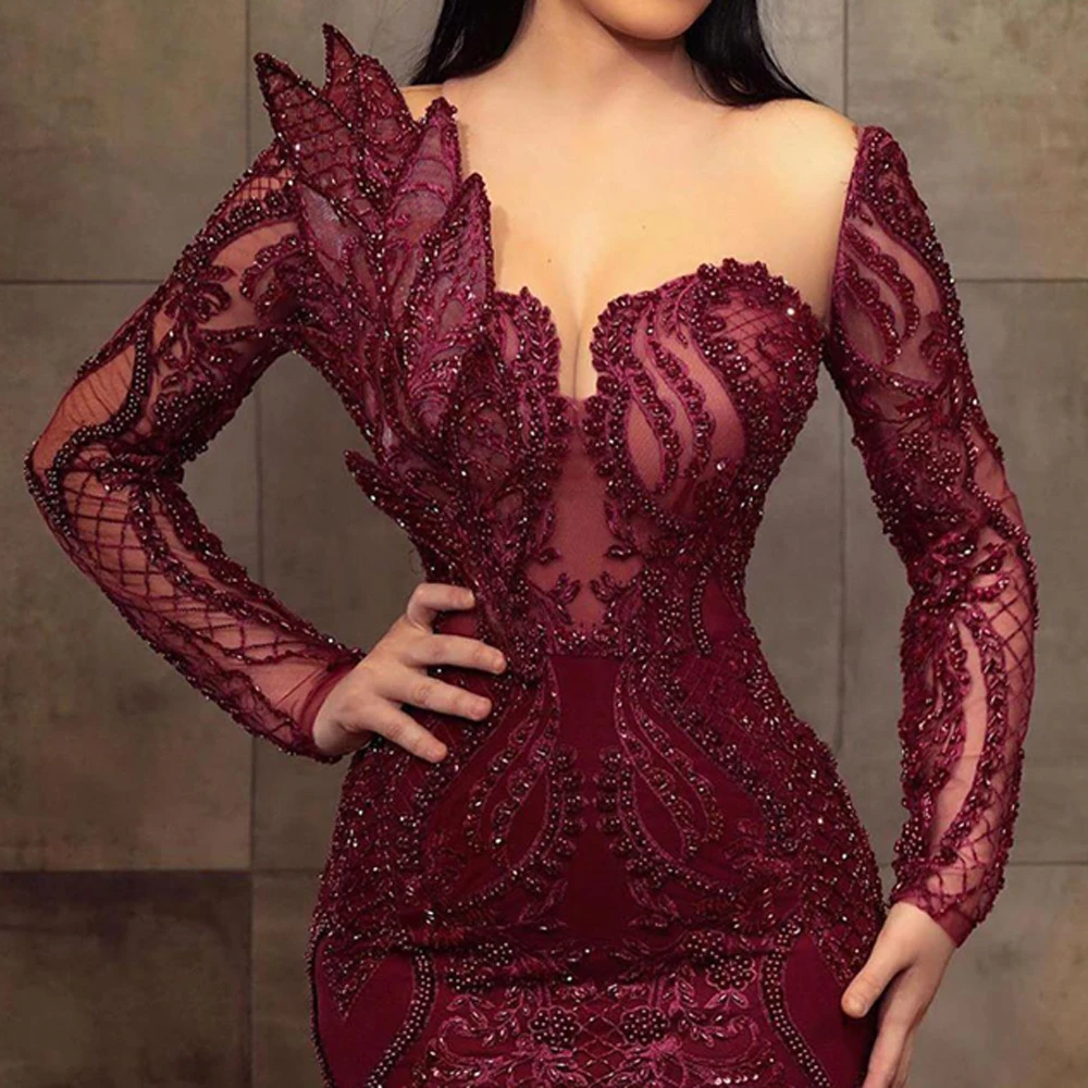 Burgundy Sequined Beading Evening Dresses Full Sleeves Mermaid Asymmetrical Design Formal Party Prom Gowns Vestido De Fiesta