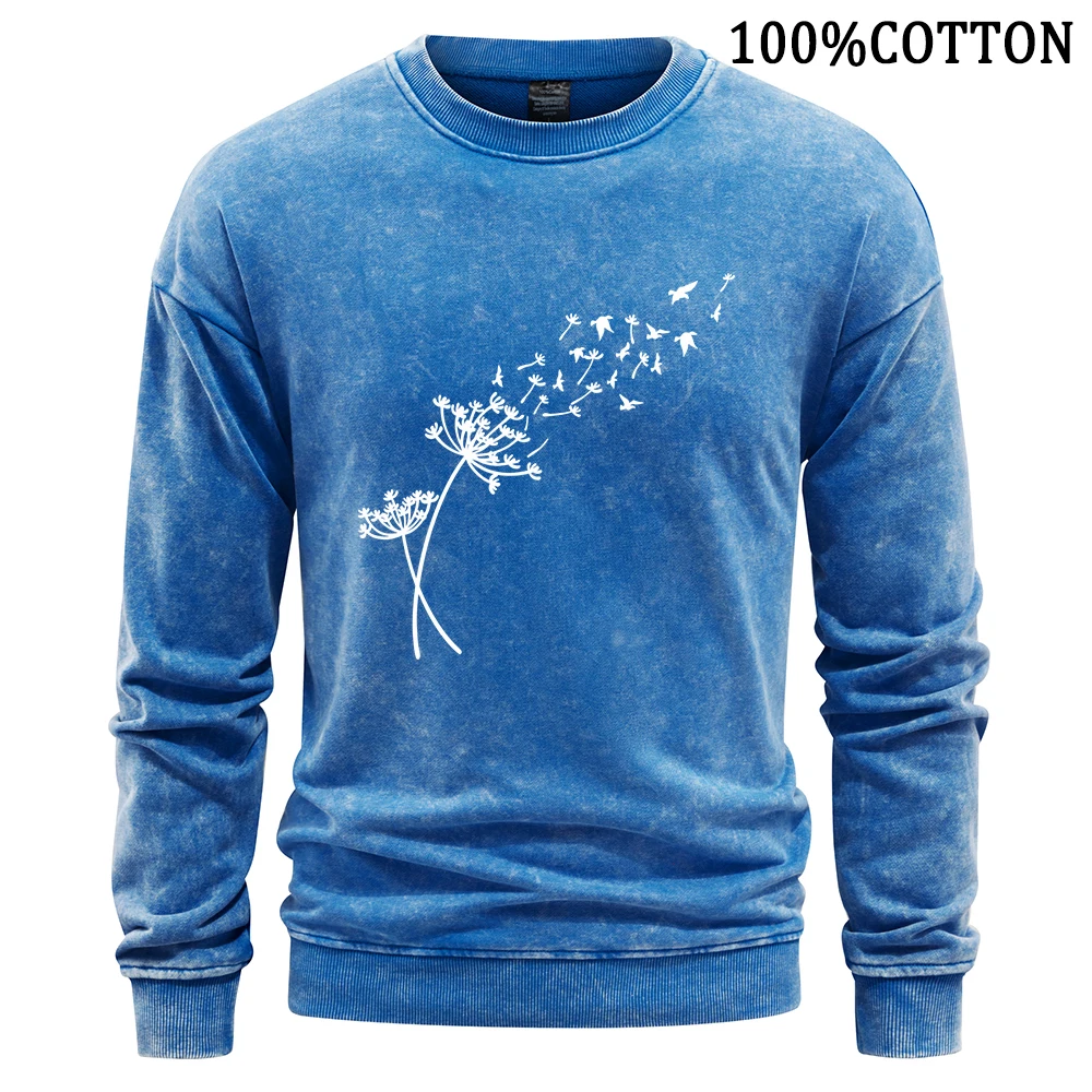 Fluttering Dandelions Men Sweatshirt Vintage Washed Hoodie Men High Quality Cotton Hoody Loose Crew-Neck Sweatshirts Clothing