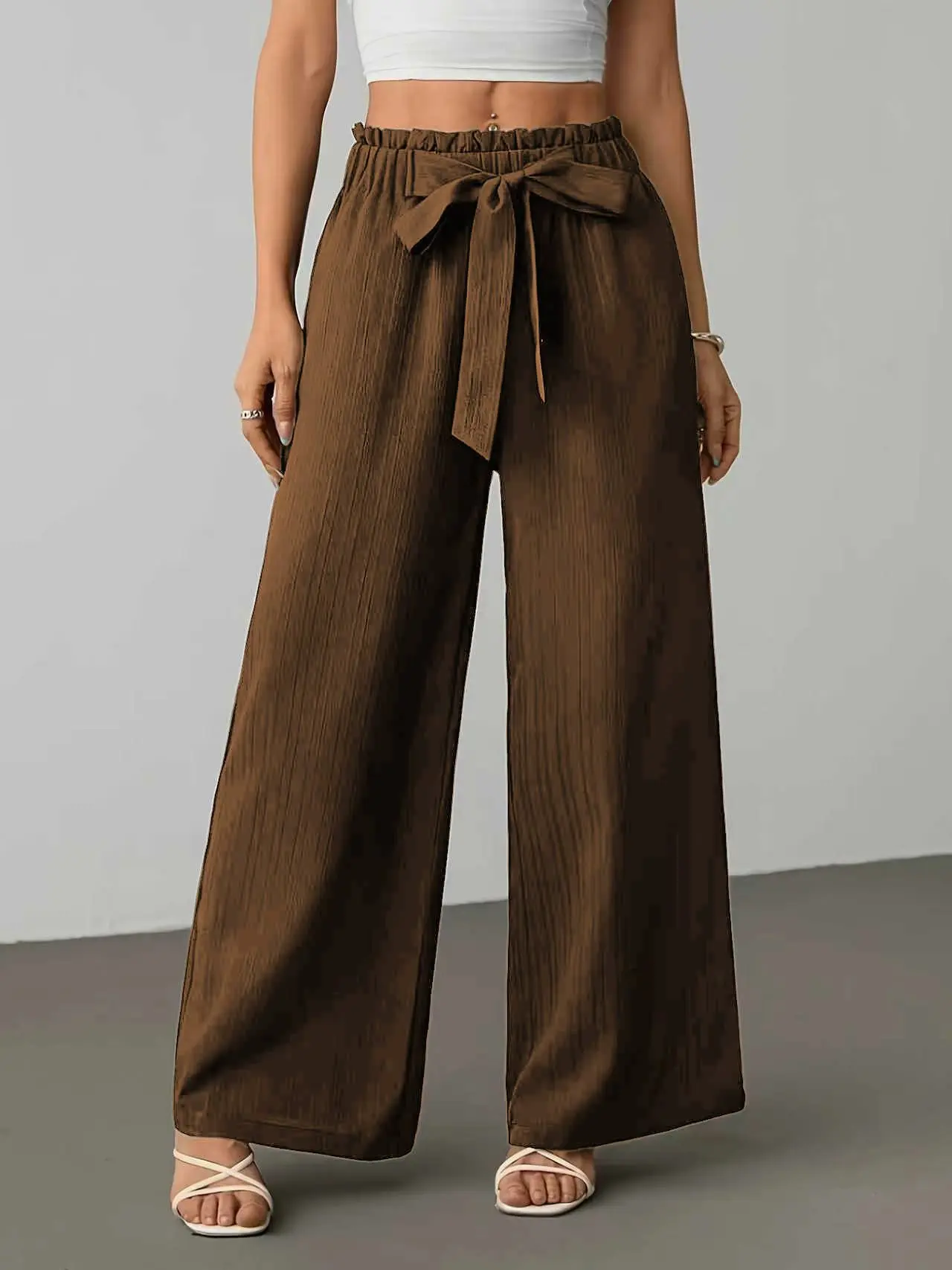 Women's High Waist Tie Wide Leg Pants, Flowy Textured Loose Casual Trousers