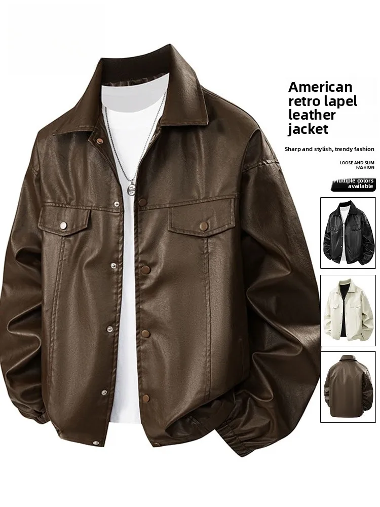 

Retro Collar PU Leather Jaet Men's Casual Faionable American Sle Spring Autumn New Trend Brand Windproof Long Sve