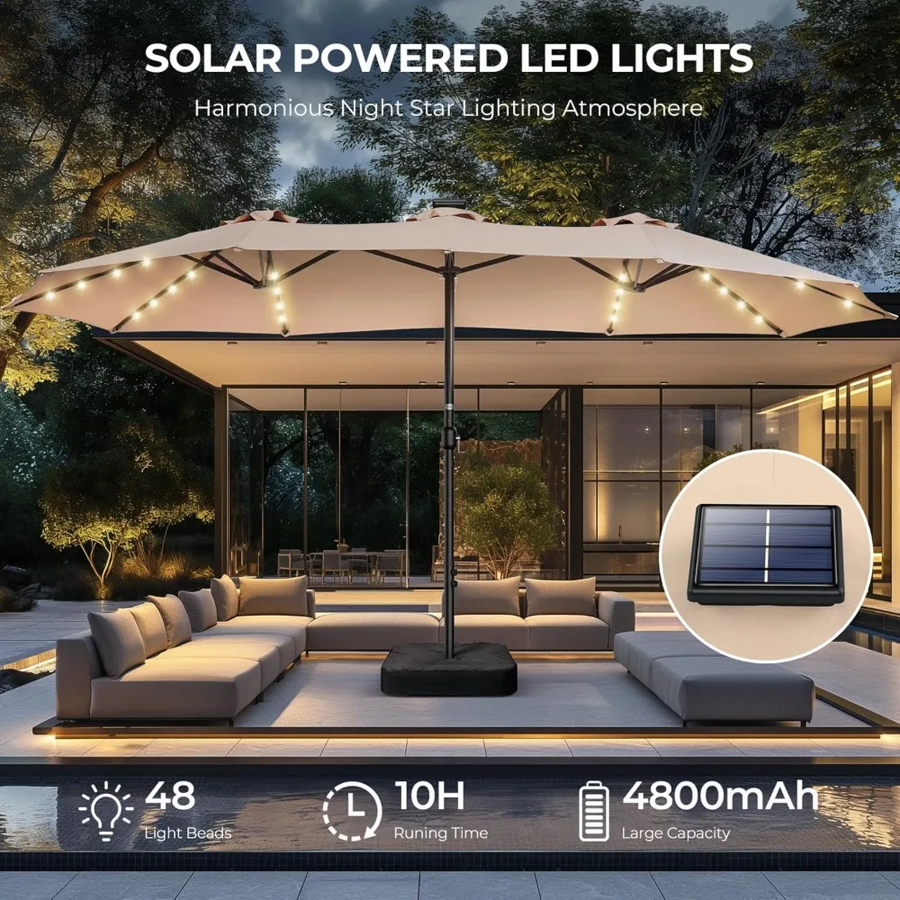 Double Sided Patio Umbrellas - 15ft Solar Lights LED Lighted Outdoor Extra Large Market Table Umbrella with Base Included