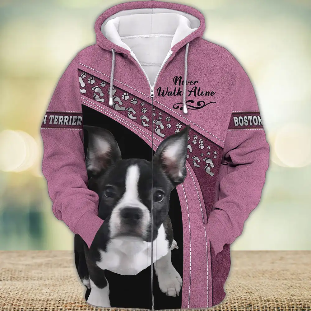 

HX Animals Dogs Zip Coats Boston Terrier Love Never Walk Alone 3D Printed Hoodies Fashion Men Women Clothing Dropshipping