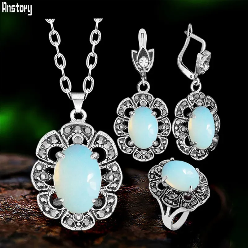 Vintage Flower Pendant Natural Stone Quartz Opal Sets For Women Antique Silver Plated Necklace Earring Ring Fashion Jewelry