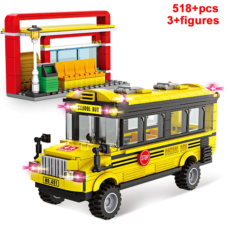 Hot City Car Yellow Passenger School Bus Station Public Vehicle Sets Figures Bricks Model Building Blocks DIY Toys for Boys Gift