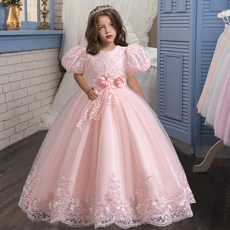 New Children\'s Dress Flower Birthday Party Girl Princess Dress Bubble Sleeves Lace Christmas Party Girl Formal Evening Dress