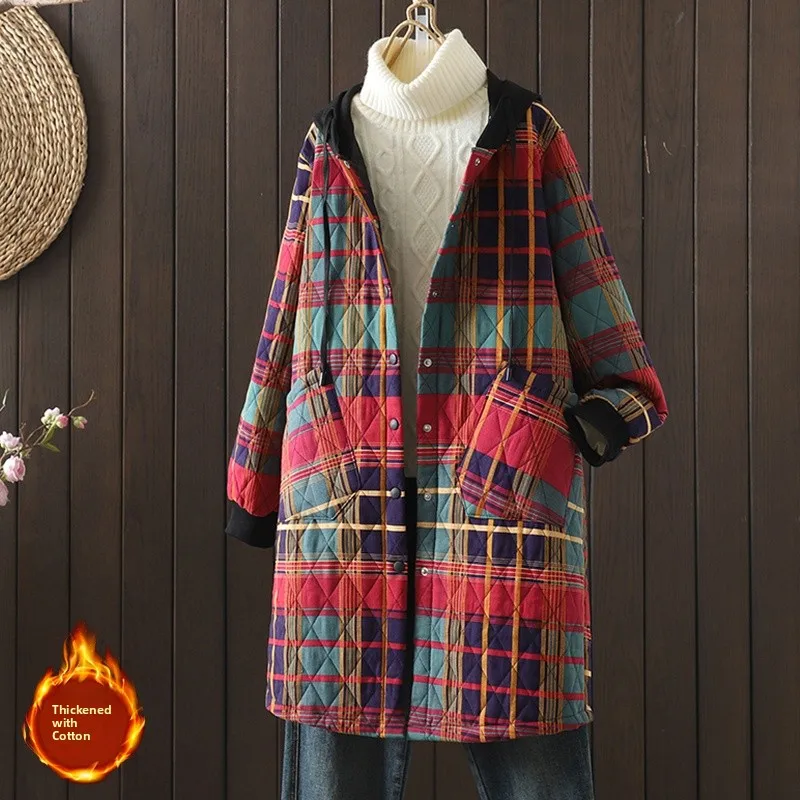 

Элегантная женская зимняя куртка в клетку с капюшоном, утепленная, больших размеров, удлиненная, в корейском стиле, для коррекции фигуры, с эффектом омоложения