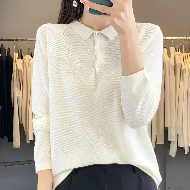 Autumn Women\'s 2024 New Spliced Pullover Polo Collar Button Fashion Solid Loose Minimalist Casual All-match Long Sleeved Top