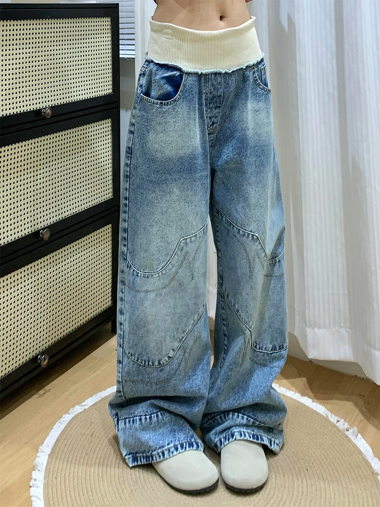 

Джинсы в американском ретро-стиле с высокой талией, с отворотами, женские, винтажные, с эффектом потертости, свободные, длинные, в пол