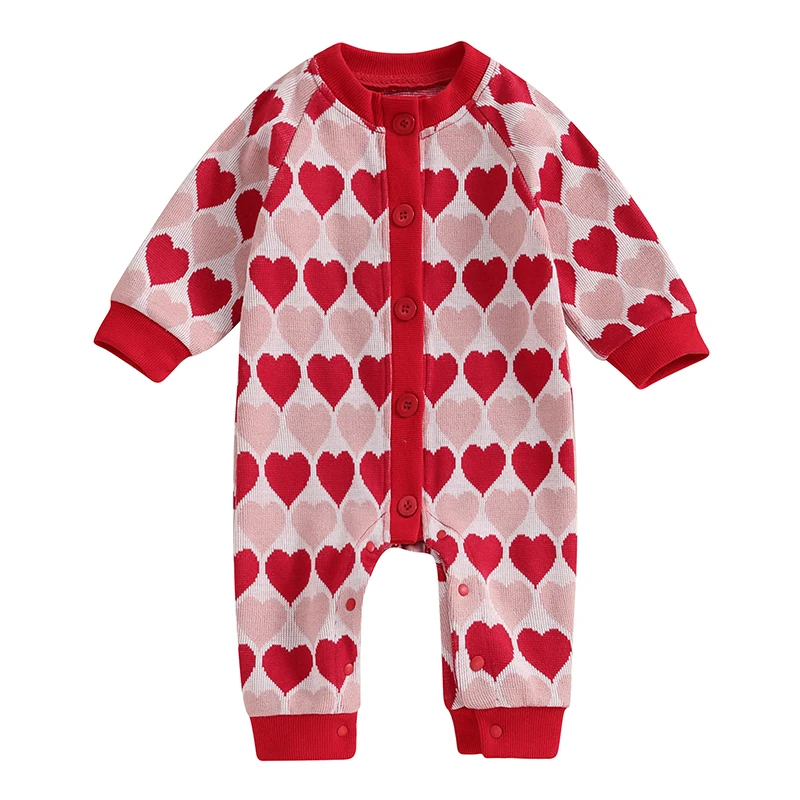 Baby Girl Cute manica lunga Button Down Heart Print Knit pagliaccetto tuta Top Infant Valentine maglione