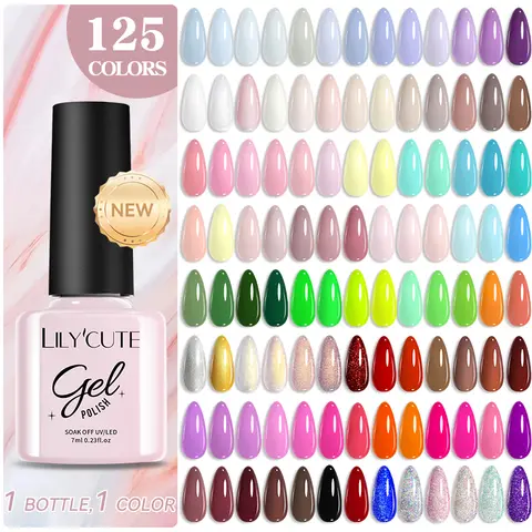 LILYCUTE 7ml 다채로운 젤 매니큐어 125 색 여름 반짝이 매니큐어 오래 지속되는 네일베이스 탑 코트 아트 젤 바니쉬