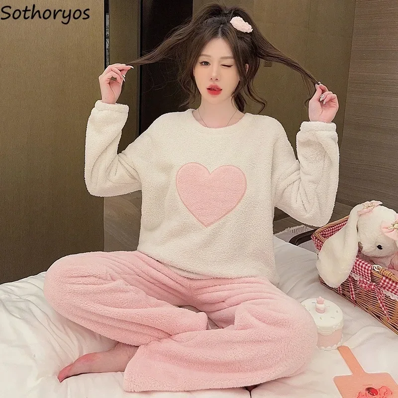 Pajama Sets Women O-neck Trendy Thickened Sweet Loungewear Casual Pyjamas Korean Fashion Prevalent Winter Cozy Students Outfits