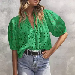 Women Lace Shirt Hollow Out Embroidery Blouse White Green Rose Pink Summer 2023 New Clothing Modern Girl Blusa Tops