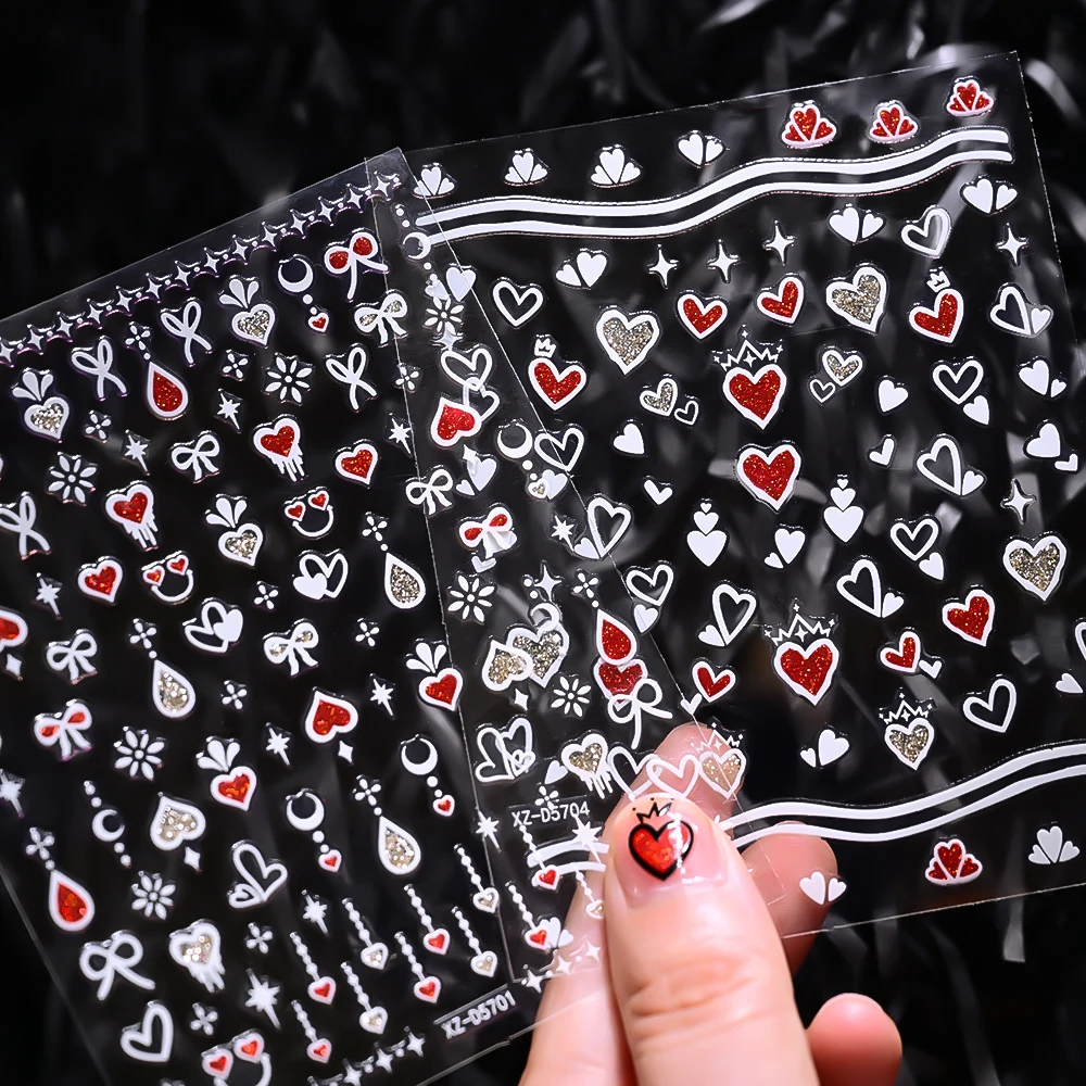 6 個 3D グリッター赤白ハートバレンタインデーネイルステッカーかわいい太陽/月/弓ネイルアートデカール 8*10 センチメートル粘着ネイルデコラ E # 5