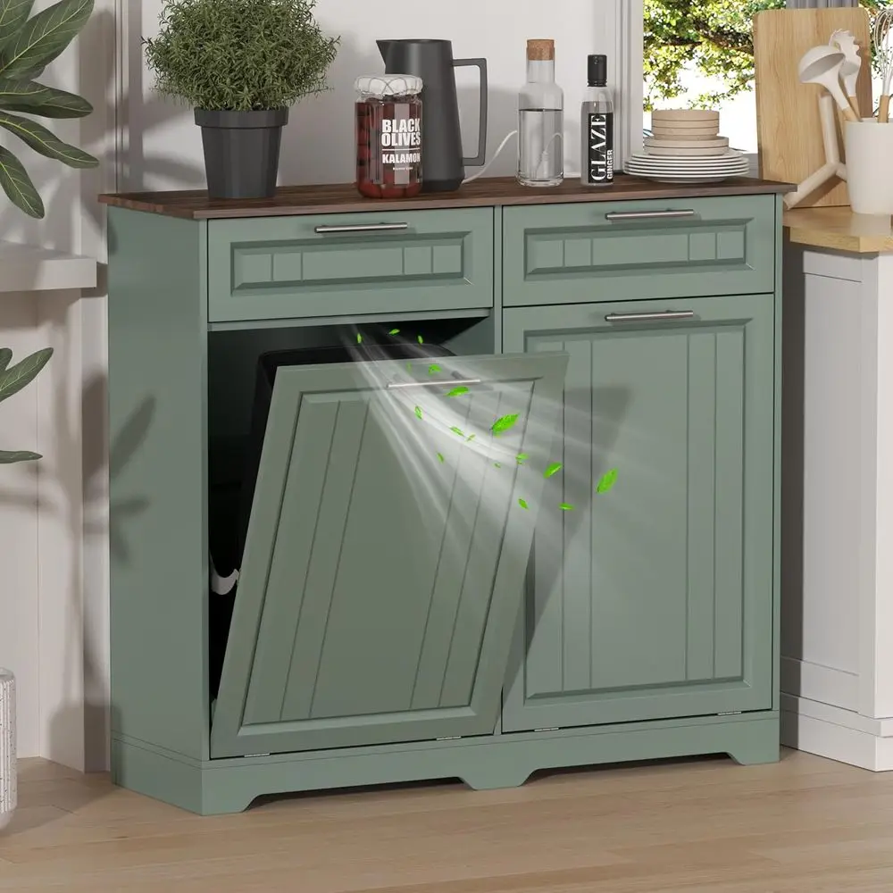 

Double 10 Gallon Tilt Out Trash Can Cabinet with Deodorizing Function and Power Outlet, Wooden Hidden Garbage Can Holder with 2