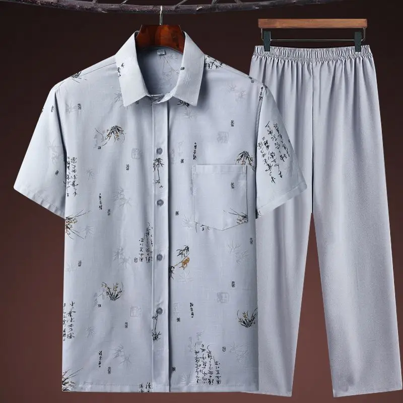 

Middle-aged Men's Cotton Linen ort-sved irt Dad Set Summer Retro irt Large Size andpa Thin Clothing Ethnic Wear