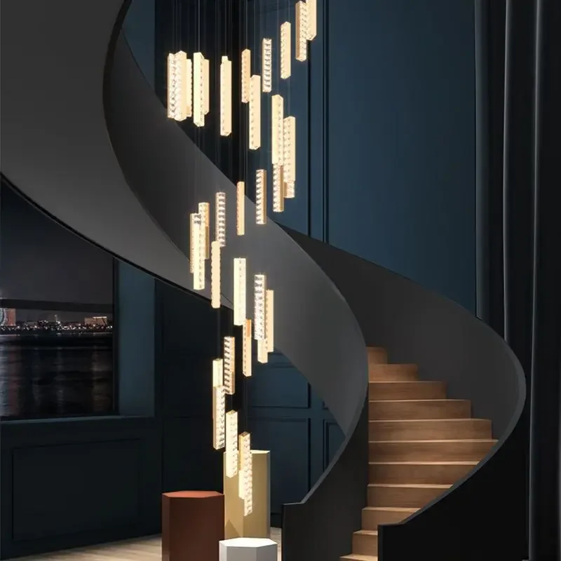 Imagem -05 - Luxo Led Crystal Chandelier Golden Silver Pendant Lamp Duplex Building Escadaria Espiral Pendurado Cozinha Ilha