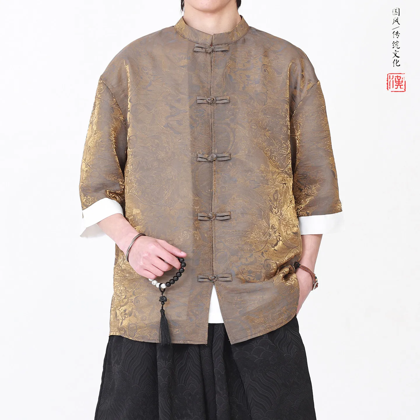 

Shirt Mans Luxury Colorful Gradient Jacquard Short Sleeve Shirt Man Shirts Chinese-style Traditional Cool Summer Ice-Silk Shirt