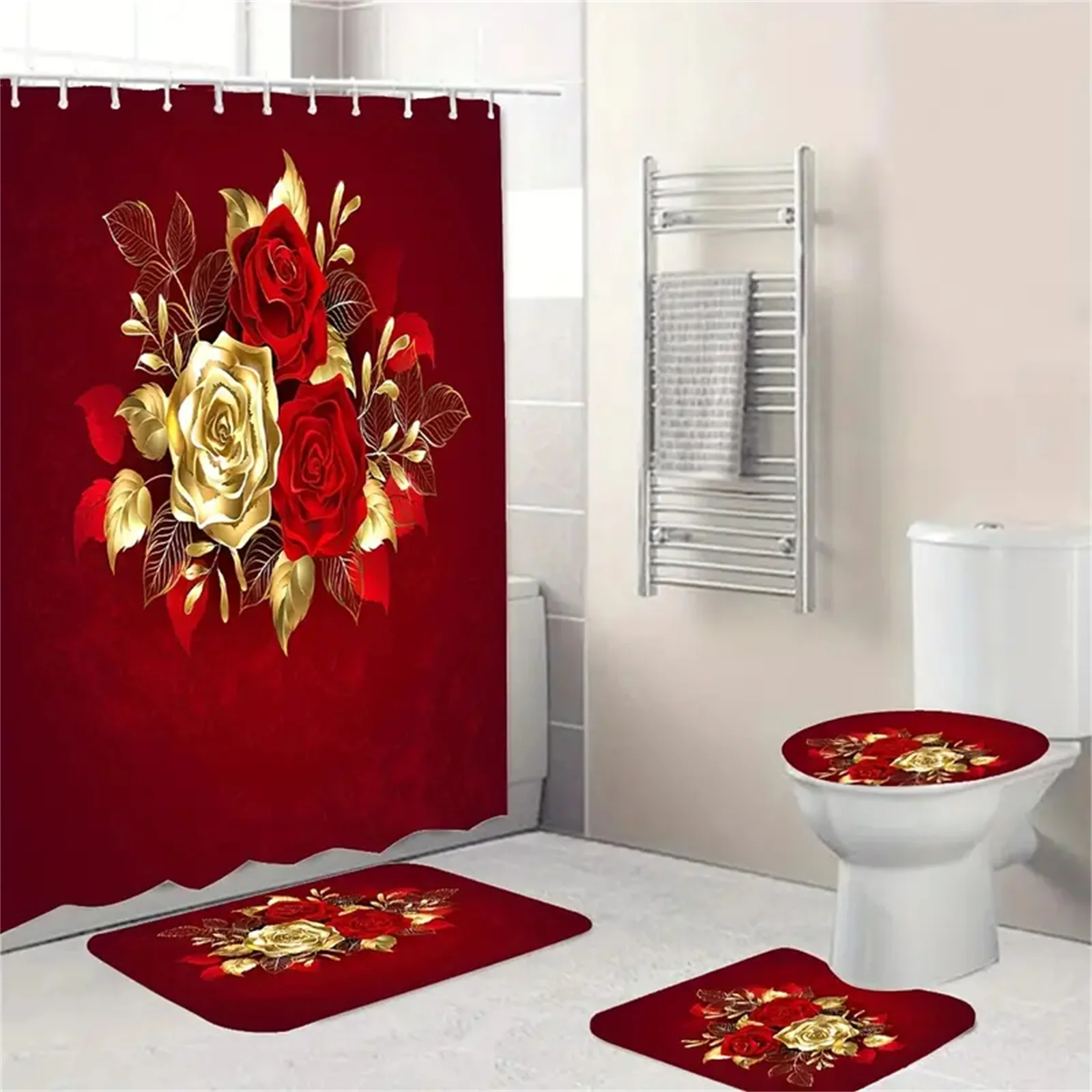 Rose Flower Shower Curtain Set with Non-Slip Rugs Toilet Lid Cover Bath Mat Valentine\'s Day Bathroom Curtain Waterproof Decor