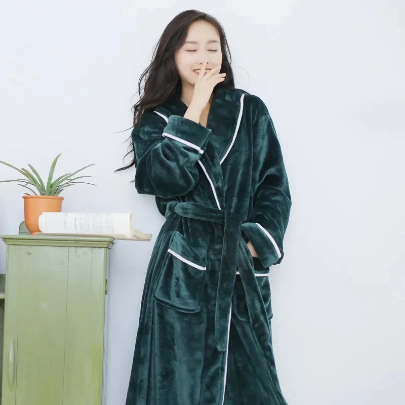 Nightgown Women\'s Winter Coral Velvet Bathrobe Couples Bathrobe Thickened Plus Long Gown Flannel Pajamas Men\'s Autumn/Winter