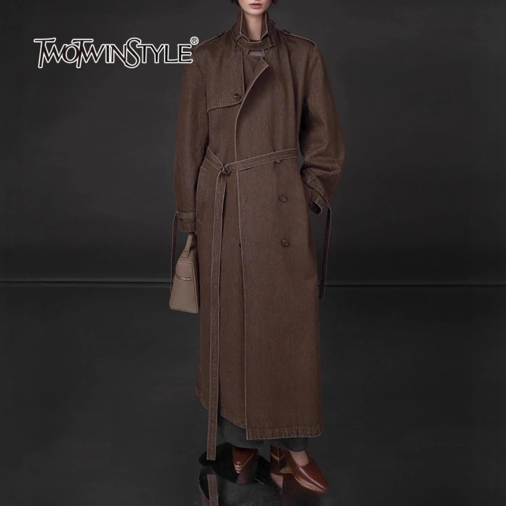 TWOTWINSTYLE Loose Spliced Lace Cowboy Trenchs for Women Lapel Long Sleeves Patchwork Double Breasted Fashion Trench Female New