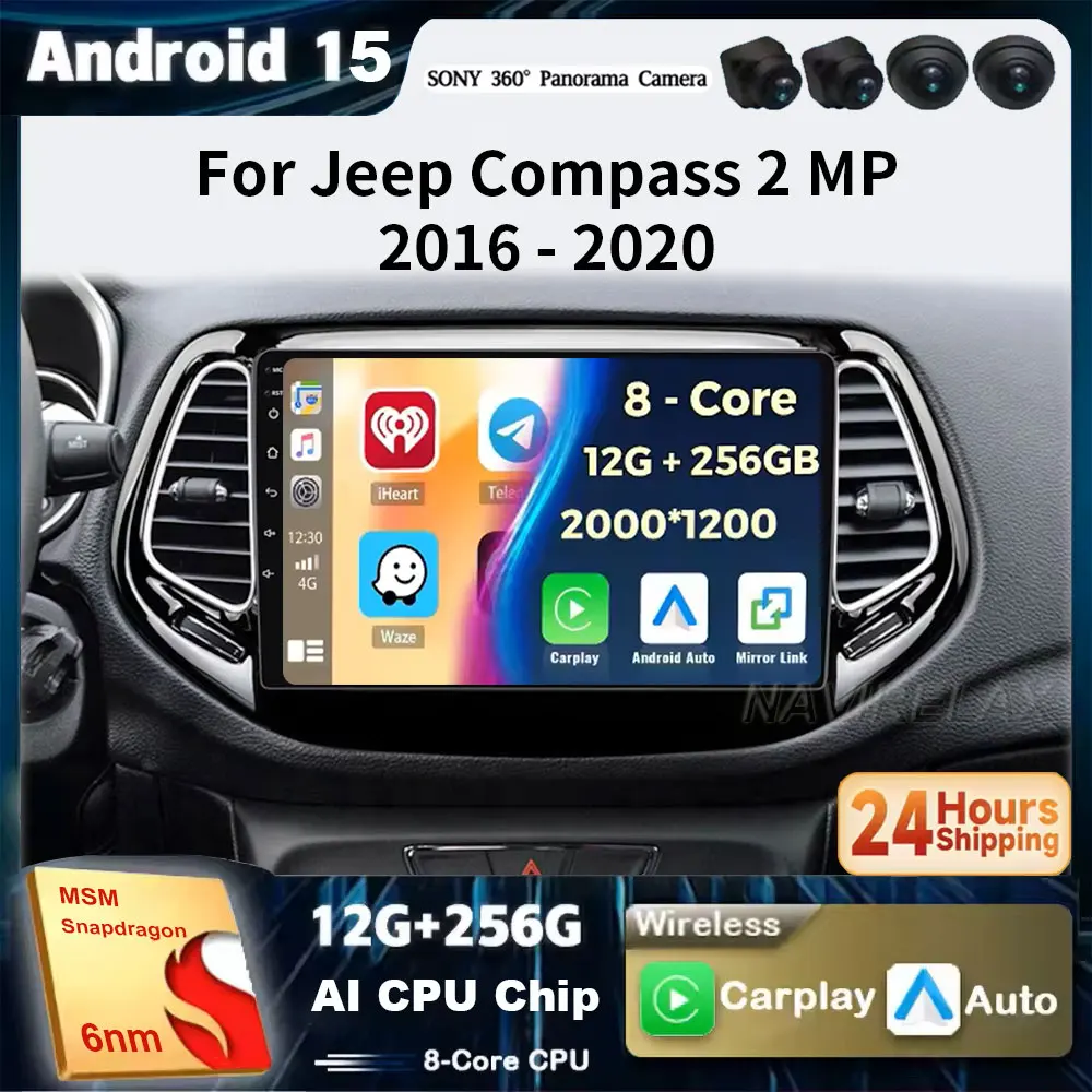 Android 15 For Jeep Compass 2 MP 2016 2017 2018-2020 Multimedia Navigation GPS Auto Radio Player Car Stereo Carplay Radio Screen