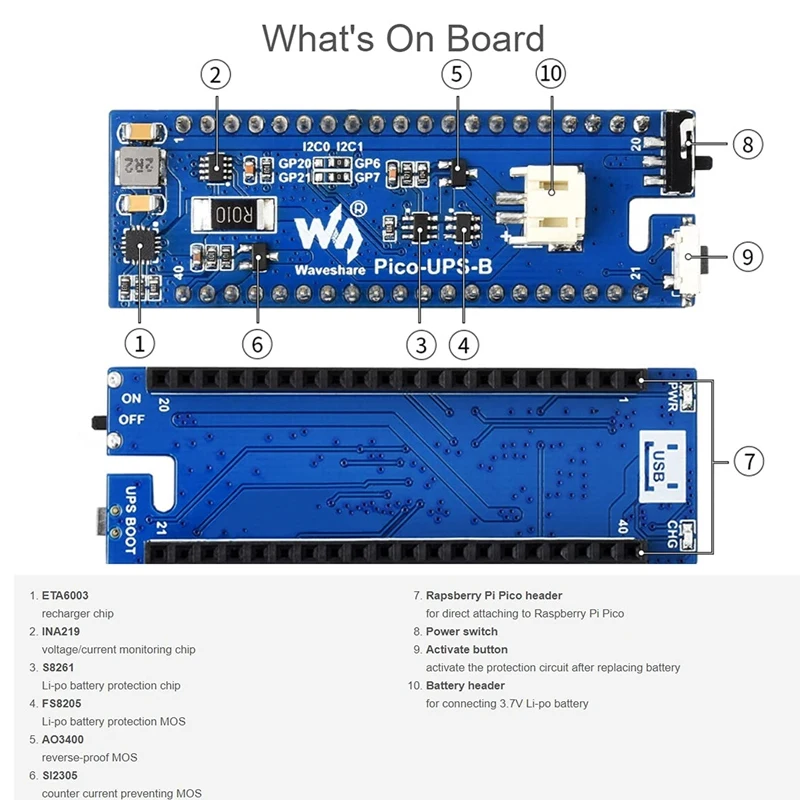 Módulo Waveshare UPS B para placa Raspberry Pi Pico, batería de monitoreo de fuente de alimentación ininterrumpida a través de Bus I2C, diseño apilable