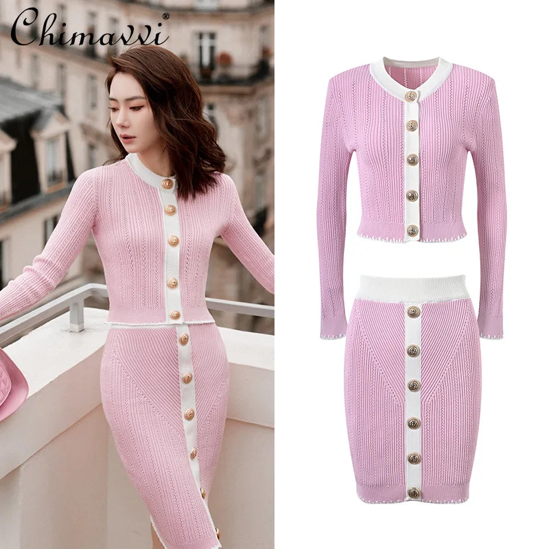 

Fashion Contrasting Splicing Hollow Single-breasted Elastic Slim-fit Knitted Cardigan Skirt Set Spring New Elegant OL Outfits