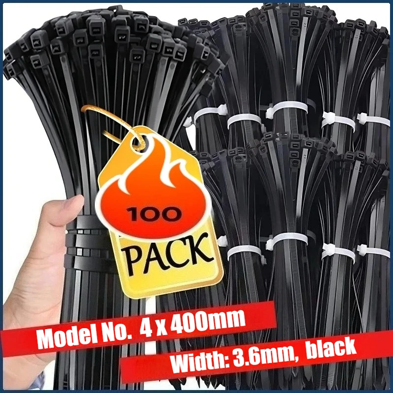 100 PCS 4×400mm Self-locking Plastic Nylon Tie Black Fastening Strap Cable-Tie-Set Cable Zip Fastening Tie Wraps Strap Tie