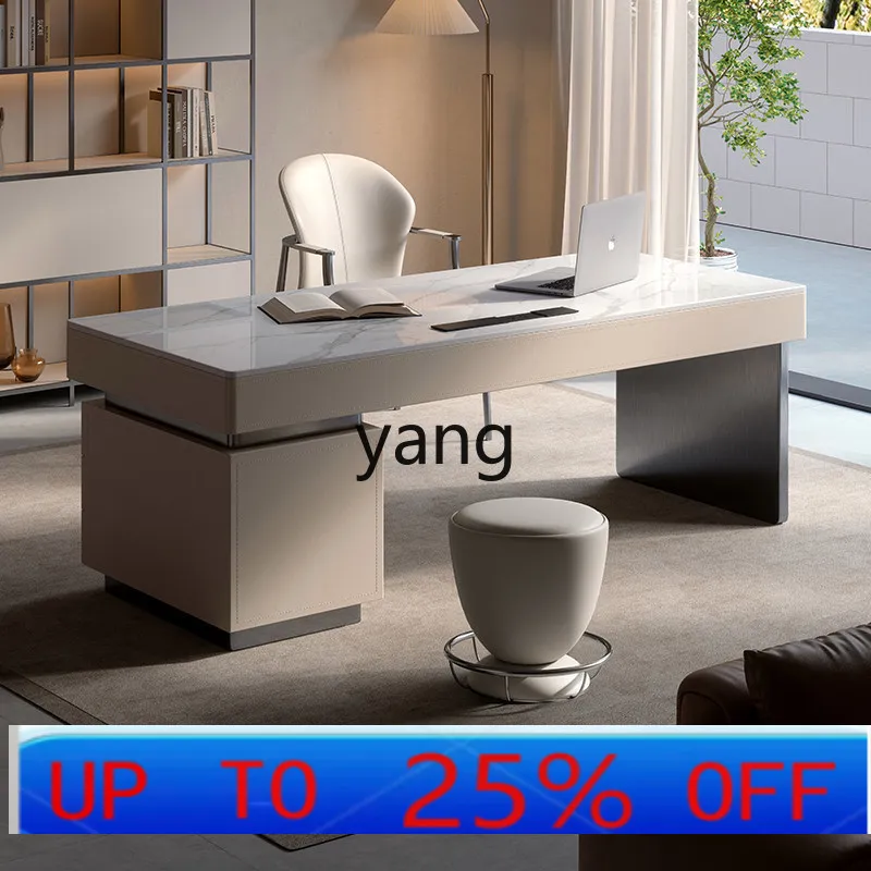 

LMM light luxury rock slab saddle leather study home desk small apartment Italian minimalist computer table and chairs