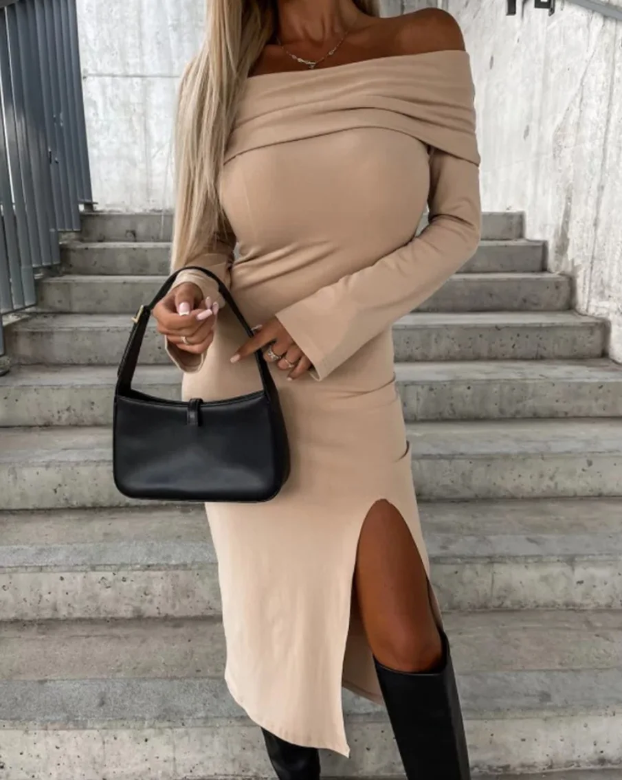 Autumn Long Dress for Women 2023 Fashion Versatile Casual Elegant Horn Sleeved Solid One Line Neck Slit Y2k Dresses Female