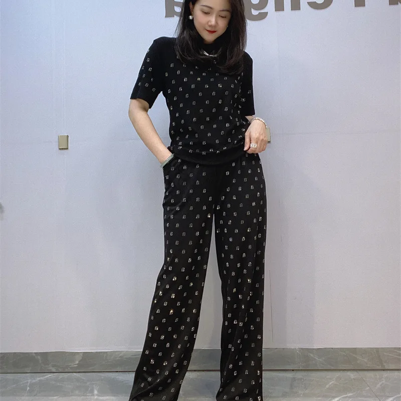 2024 Summer New Exquisite Rhinestone Casual Suit Women's Fashion Short-Sleeved Slim T-shirt Wide-Leg Pants Ladies Two-Piece Set