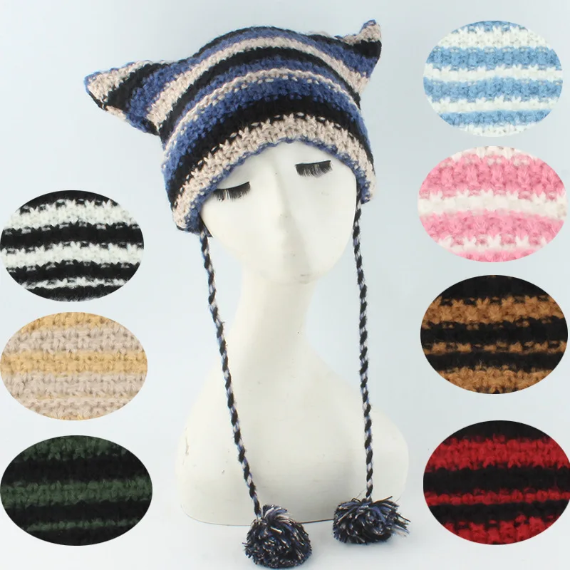 Japanese Y2K Cute Black White Striped Cat Ears Wool Hat Women Autumn Winter Warm Little Devil Hanging Ball Knitted Beanie Hat